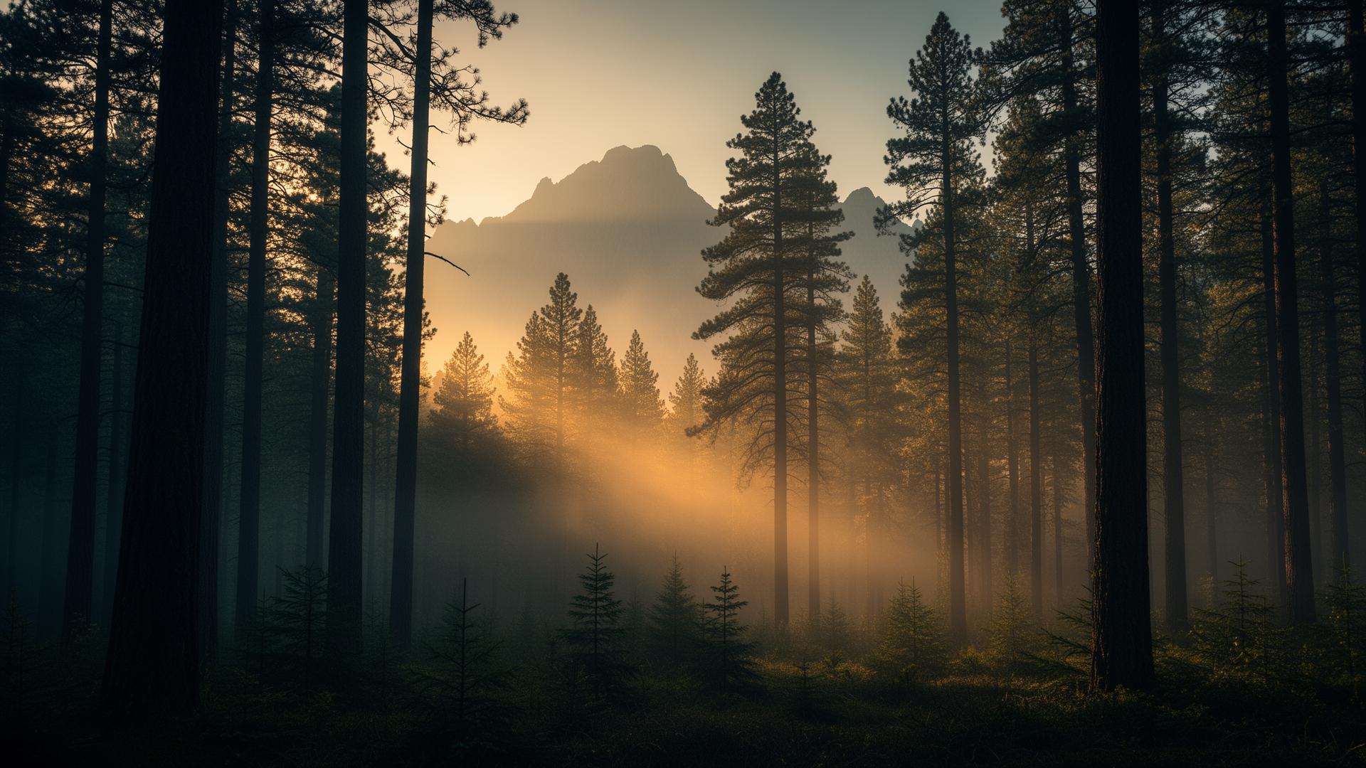 Misty pine forest at dawn with mountain silhouettes